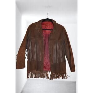 Vintage Brown Suede Leather Fringe Jacket Western Boho Rodeo Lined Size 22x19 XL